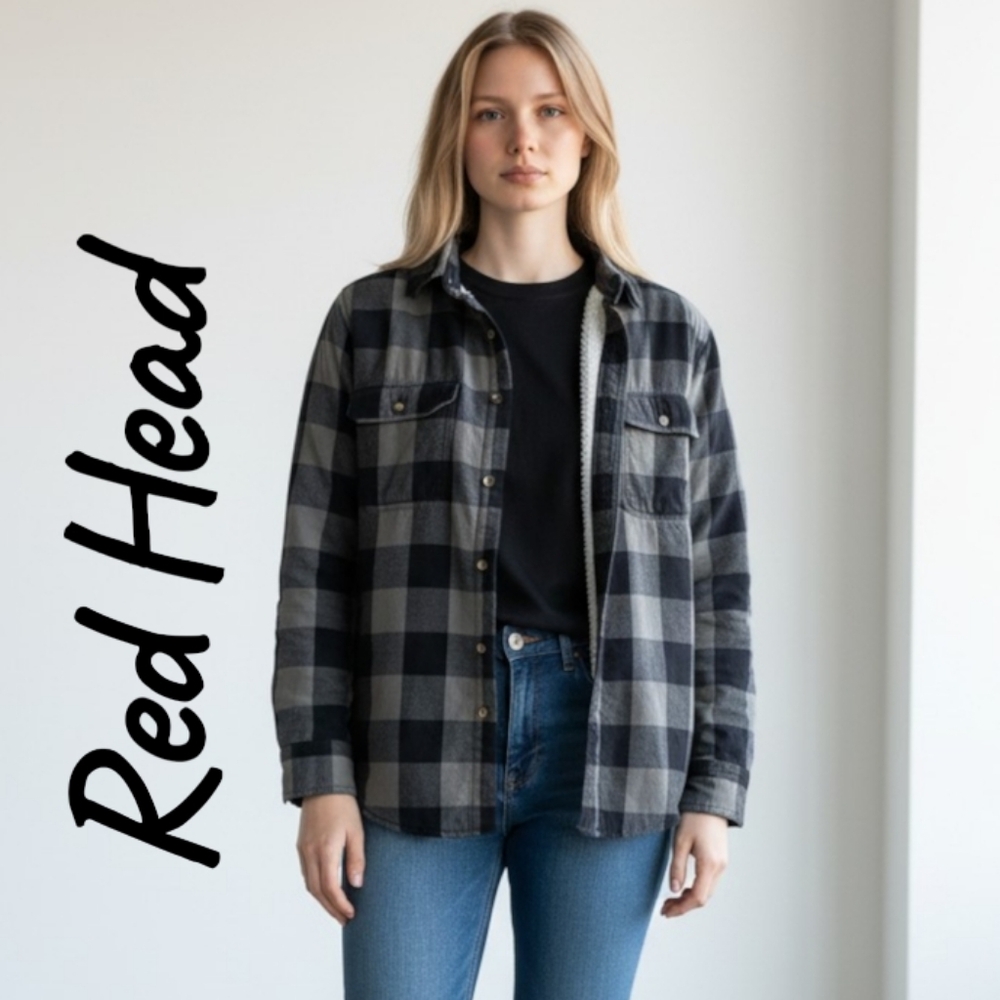 RedHead Women's Size Large Black and Gray Flannel Sherpa Lined Jacket